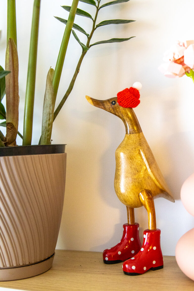 Whimsical home decor featuring a wooden duck figurine in red plain boots, styled next to a potted plant for a playful and charming touch.