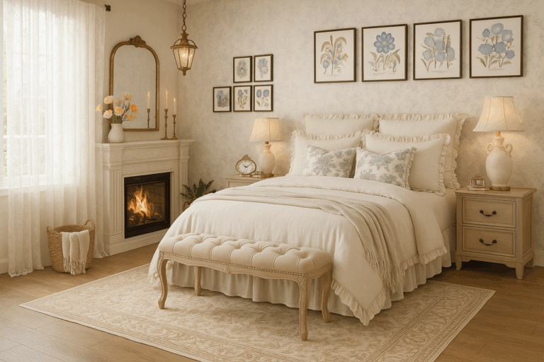 A romantic French cottage–style bedroom featuring a tufted cream bench at the foot of the bed, ruffled bedding in soft beige tones, and botanical artwork above the headboard. On each side of the bed are light wood nightstands with vintage cream lamps. A cozy fireplace with carved detailing and a gold-framed mirror above it anchors the left wall, flanked by sheer lace curtains and a woven basket with a throw. Candlesticks, a vase of pastel poppies, and a vintage gold clock add charm and elegance to the space. The room is bathed in warm, natural light.