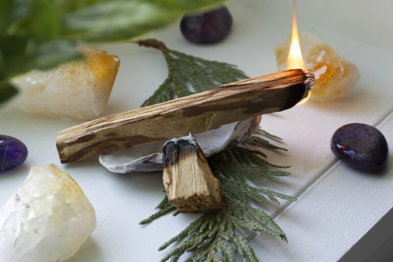 Palo Santo burning on an abalone shell surrounded by crystals and greenery for how to cleanse your home.