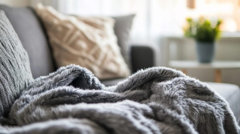 Close-up of a soft blanket draped over a couch, showing how to make your home cozy with warm, inviting textures.